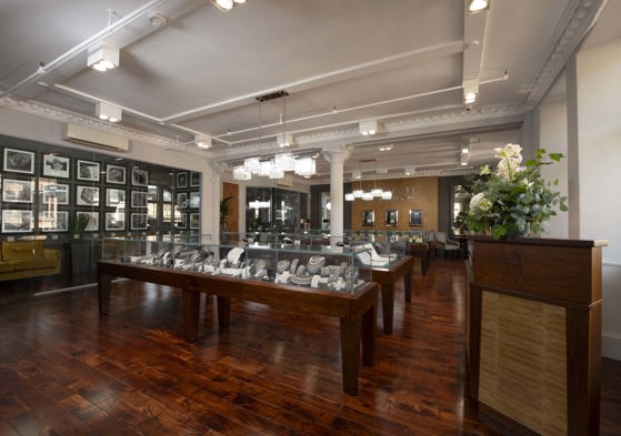 Tom Coll Jewellery showroom in Argyll Arcade, Glasgow, displaying an impressive selection of engagement rings, wedding bands, pre-owned Rolex watches, with an in-house workshop.